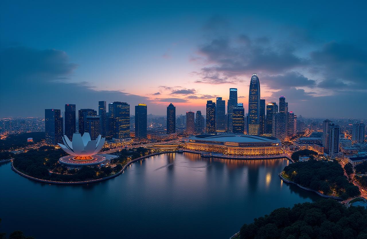 A panoramic view of the Singapore skyline at dusk, showcasing modern architecture.