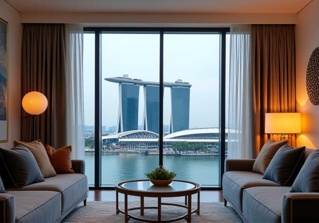 A modern apartment with a stunning view of Marina Bay Sands.