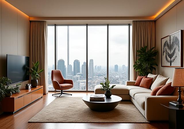 Interior of a luxurious penthouse living room with a view of Orchard Road.